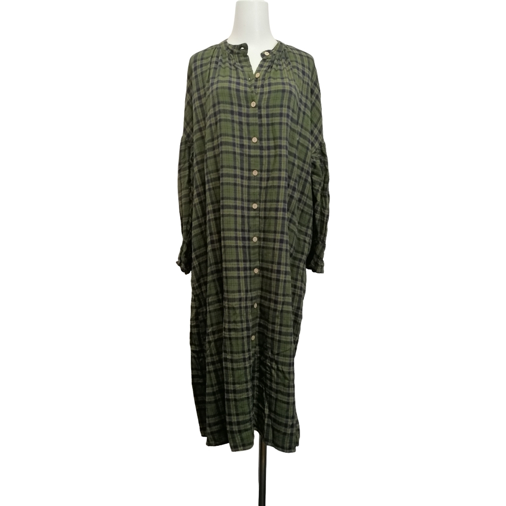 🦎🦎🦎 Green & Navy Plaid Button-Front Cotton Dress
